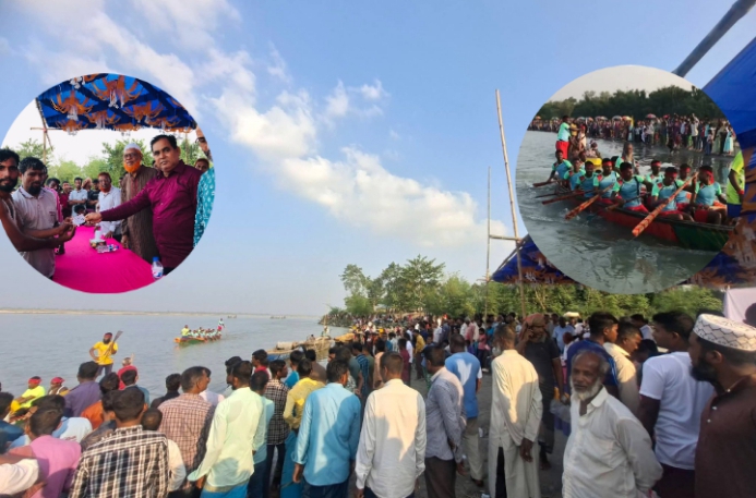 তিস্তা নদীতে নৌকা বাইচ খেলায় হাজার হাজার দর্শনার্থীর আগমন।